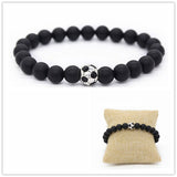 Natural 8mm Black Matte Stone Beaded Bracelet with Soccer Football Charm Jewelry